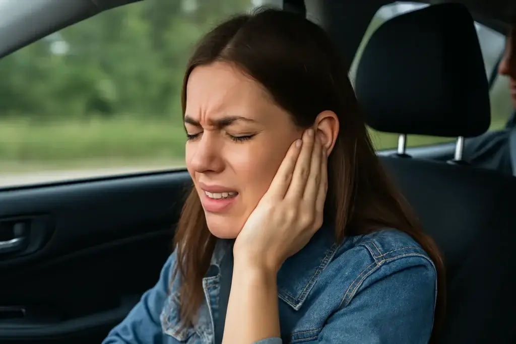 woman in car holding ear