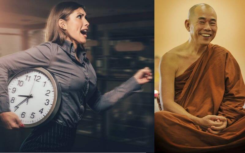 Monk and stressed woman