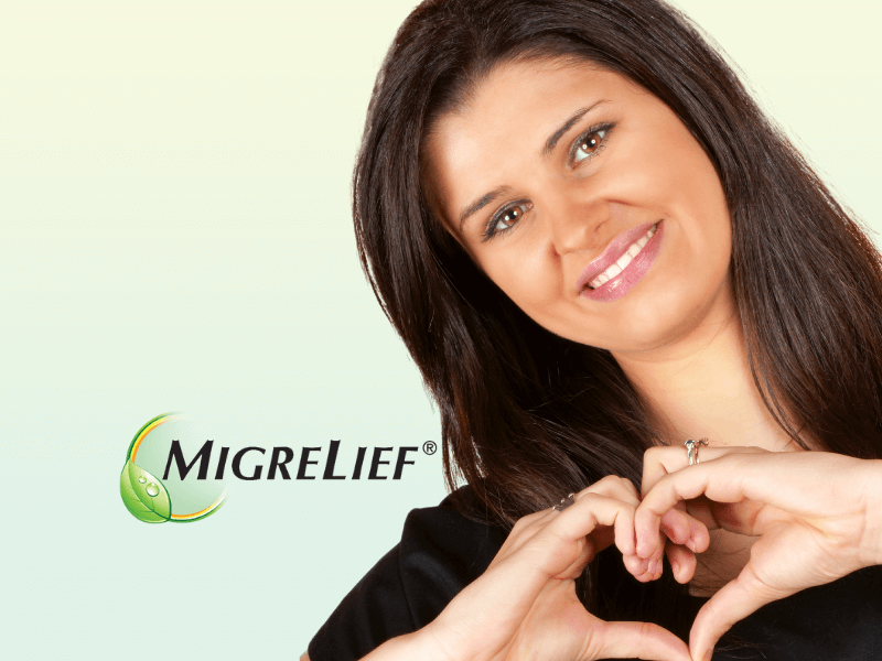 A woman with heart hands and the MigreLief symbol