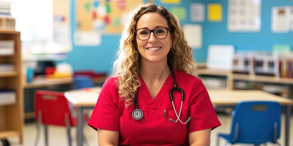 School nurse sitting in classroom