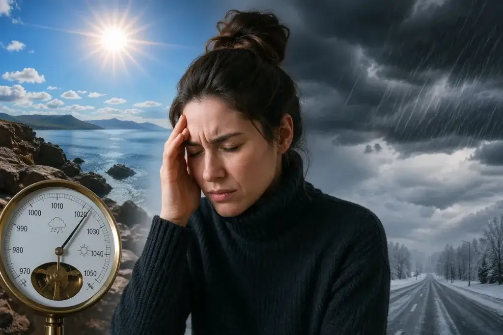Woman with migraine pain beside a barometer and changing weather conditions, illustrating how barometric pressure changes can trigger migraines.