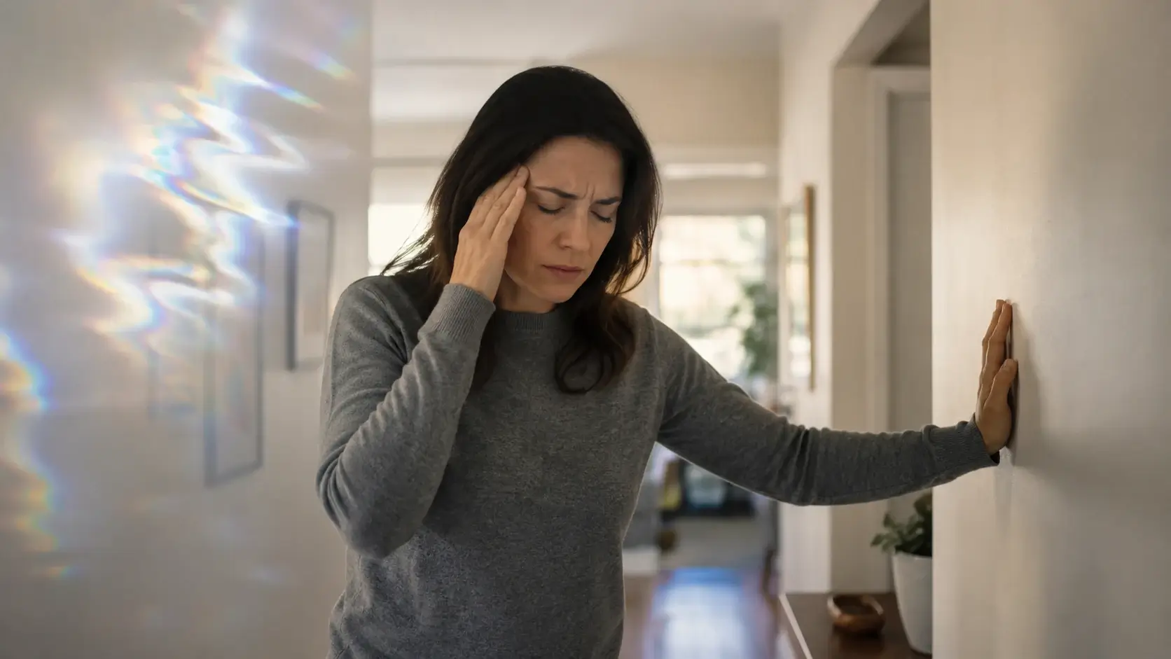 Woman with migraine aura feeling dizzy and steadying herself against a wall at home